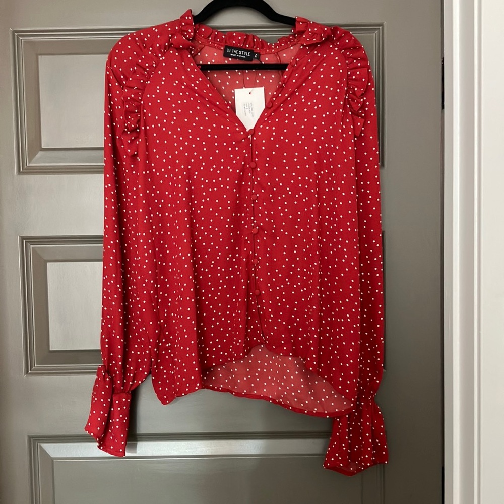 NWT ASOS In The Style Red Polka Dot Ruffle Blouse - 8 (S)